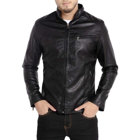 Brand New Men's Black Leather Stand Collar Moto Biker Zip Faux Jacket - Picture 1 of 7
